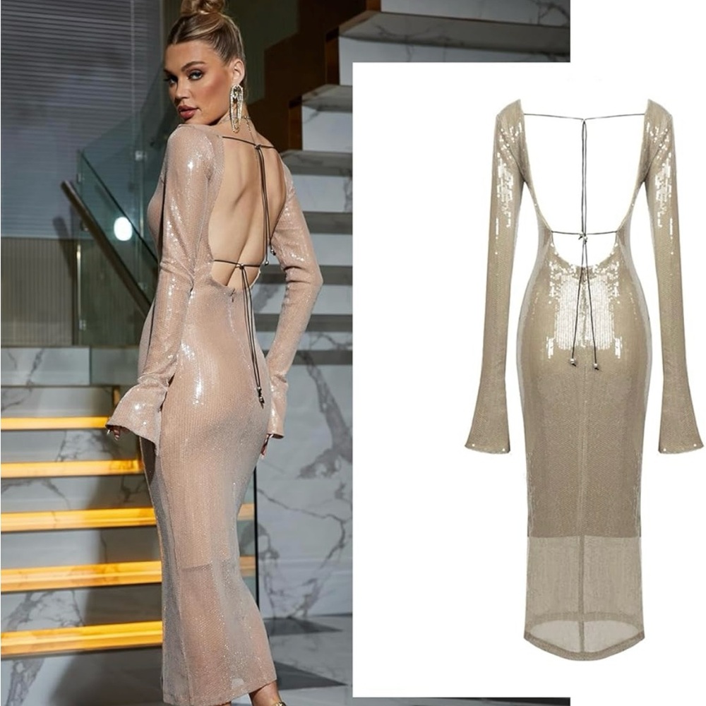 Elegant Sequin Backless Dress - Gold